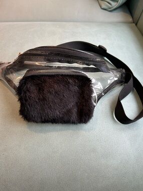 Clear Vinyl Belt Bag with Black Faux Fur Pocket